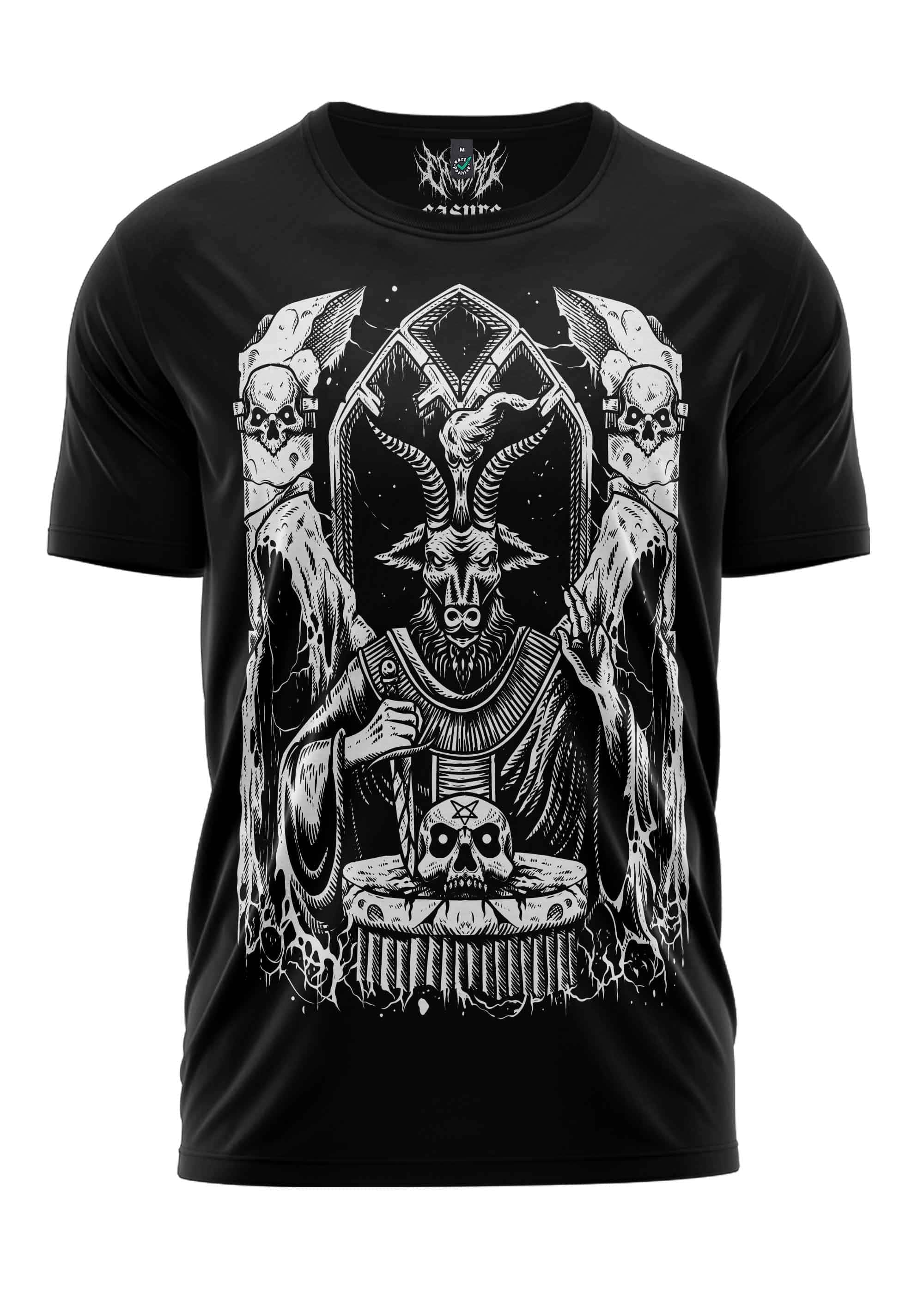 Schwarzes kurzarmshirt mit detailliertem weißen baphomet-grafikdesign im gothic horror-stil namens black mass